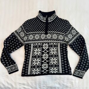 Vintage Obermeyer Fair Isle Black & White Nordic Snowflake Women 1/4 zip Sweater